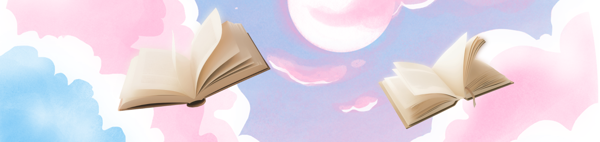 An illustration of a cloudy sky in pink, blue, and white. Open books are floating in the foreground.