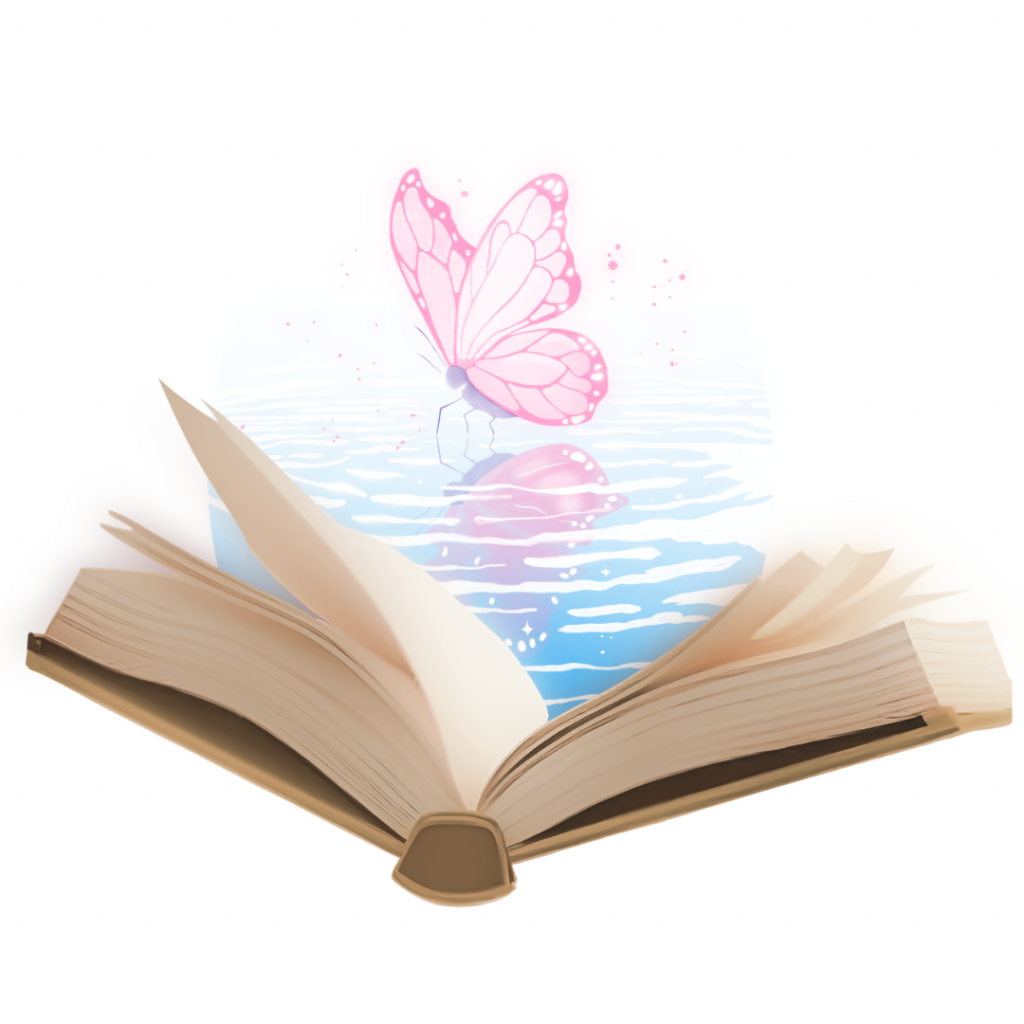 An open book from which a vision of a another world emerges, with a pink butterfly resting on water and looking at its reflection.