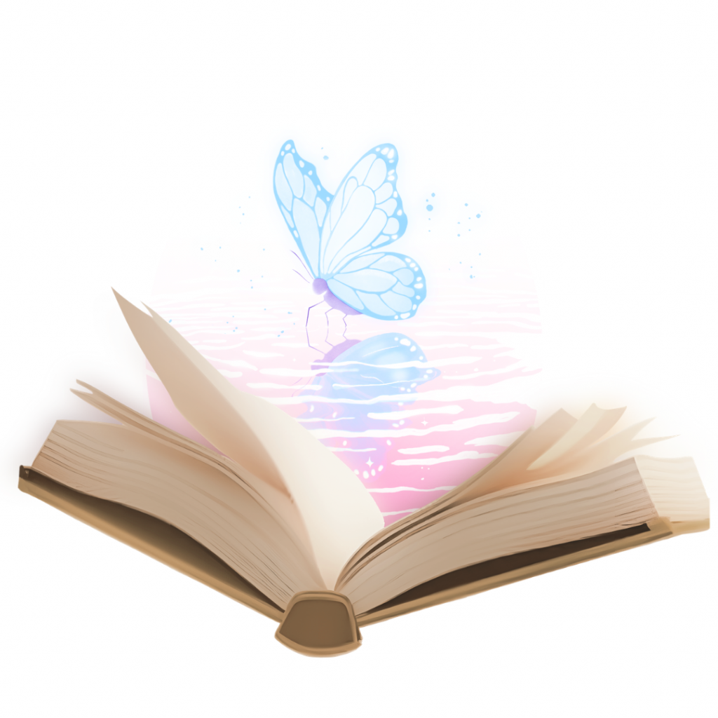 An open book from which a vision of a another world emerges, with a blue butterfly resting on pink water and looking at its reflection.